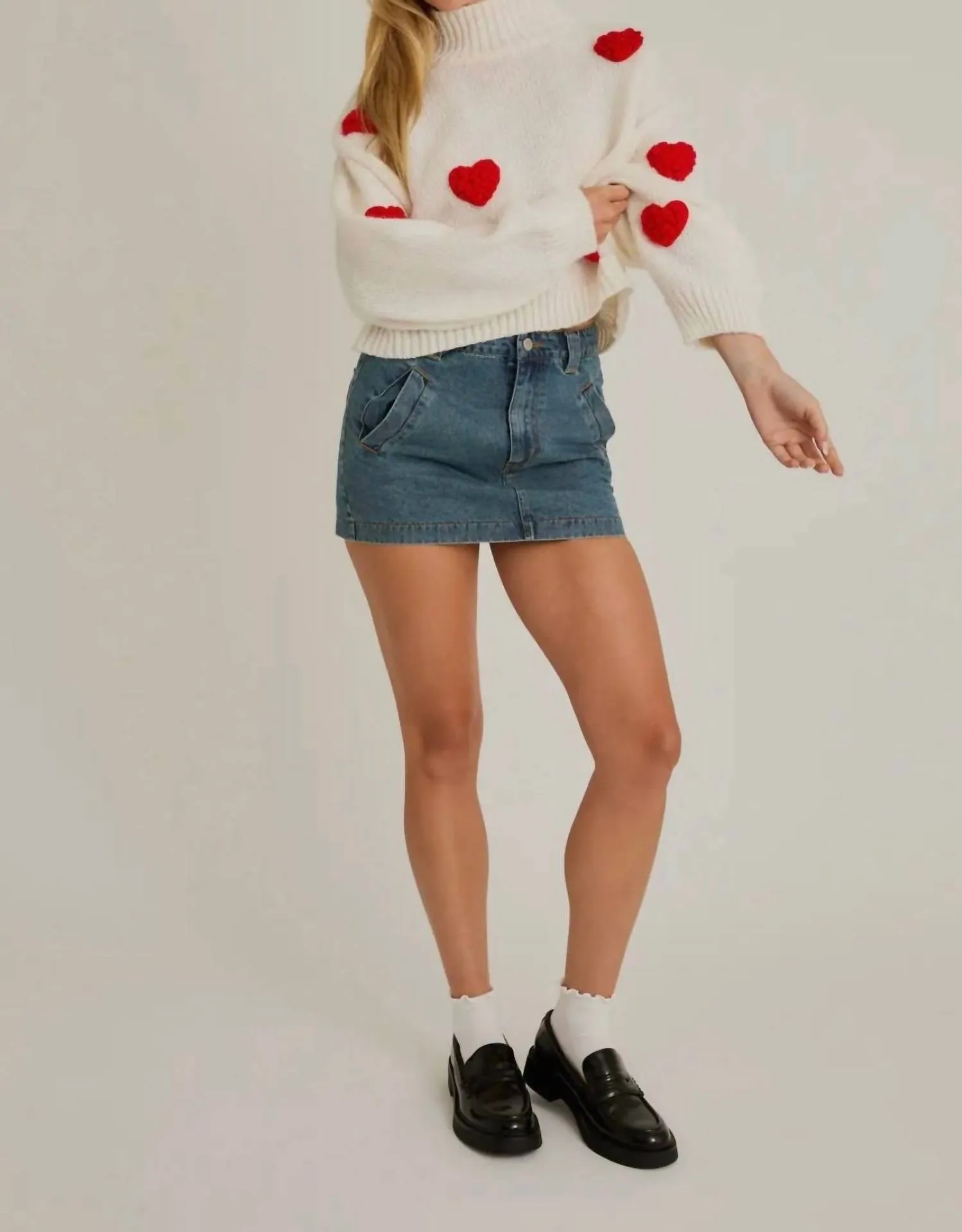 3D Heart Mock Neck Sweater In White   Red