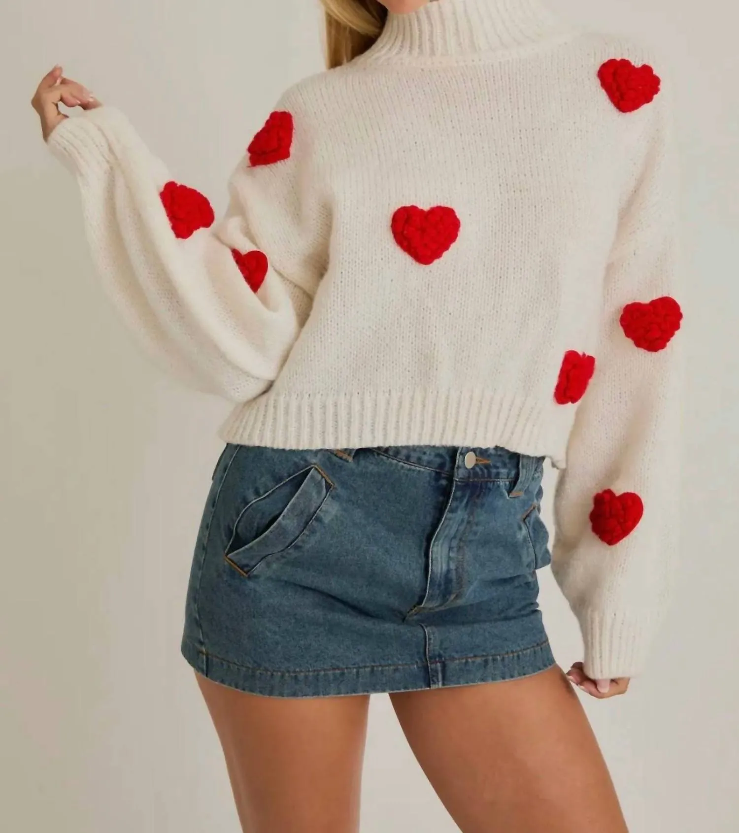 3D Heart Mock Neck Sweater In White   Red