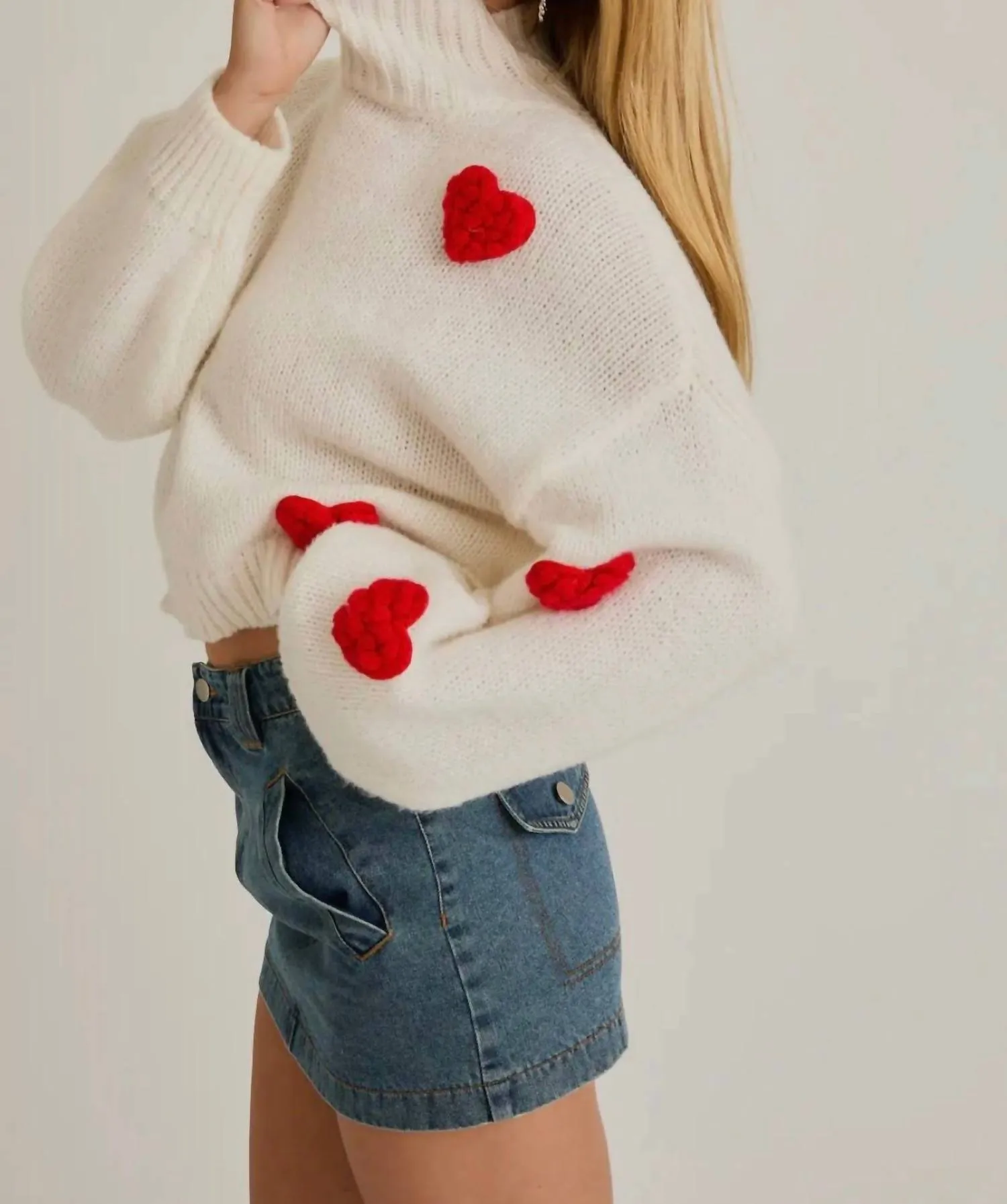 3D Heart Mock Neck Sweater In White   Red