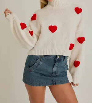 3D Heart Mock Neck Sweater In White   Red