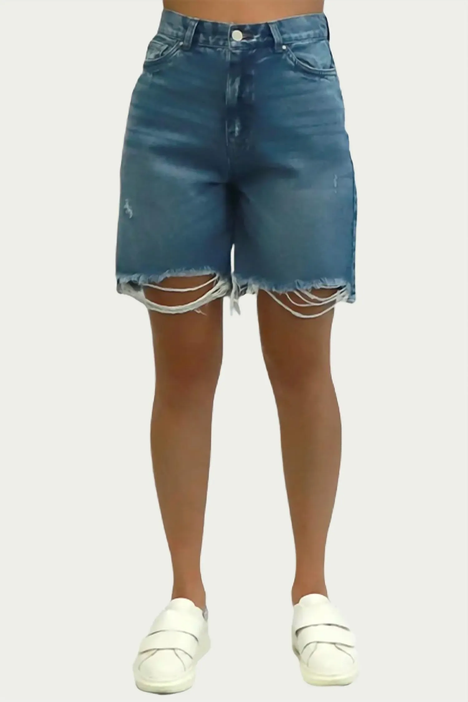 Boyfriend High-Waisted Distressed Denim Short In Blue