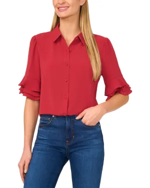 CeCe 3/4-Sleeve Button Front Collared Top