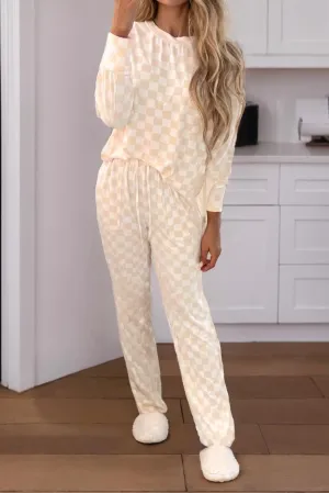 Checkered Print Long Sleeve Top And Pants Lounge Set In Beige