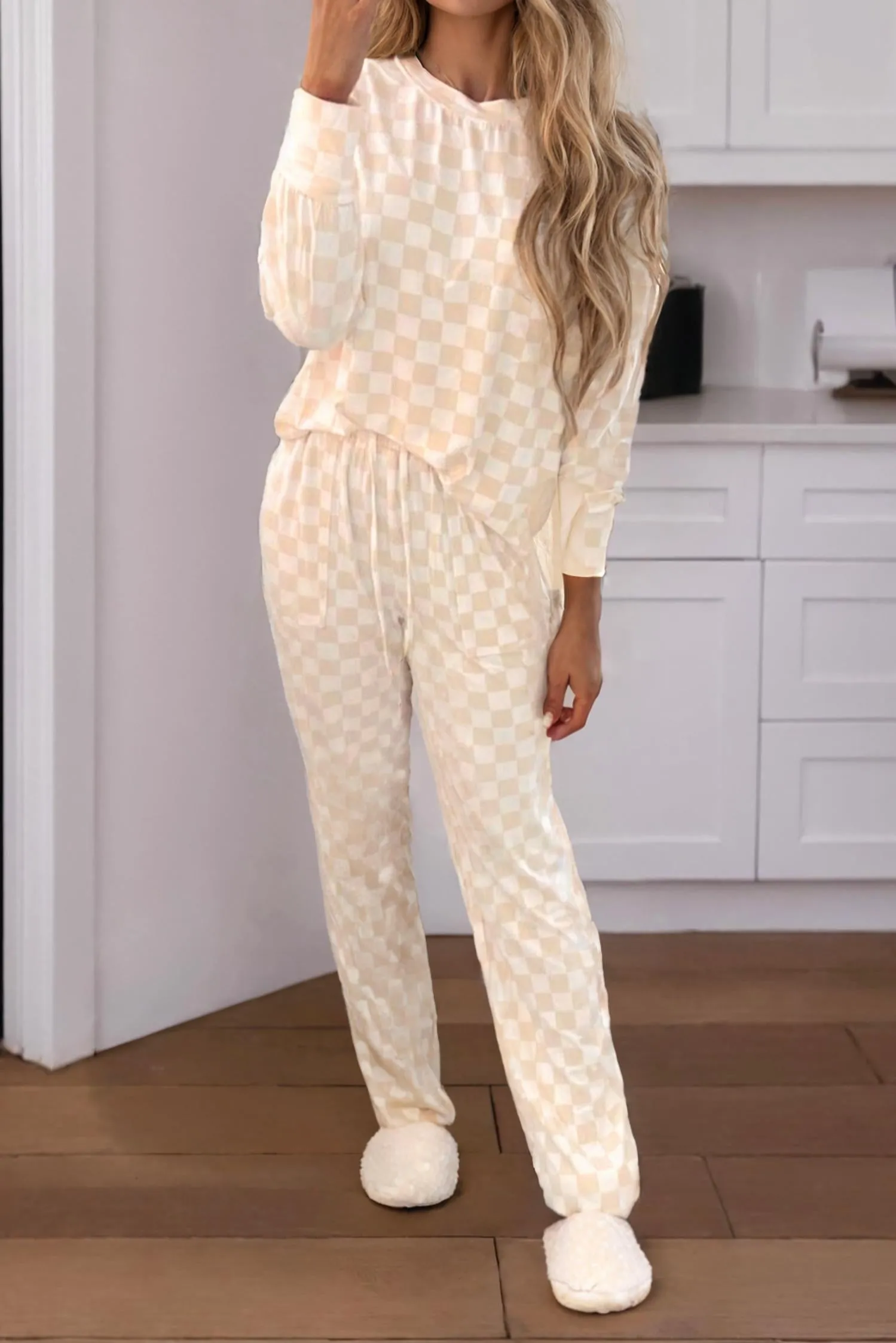 Checkered Print Long Sleeve Top And Pants Lounge Set In Beige