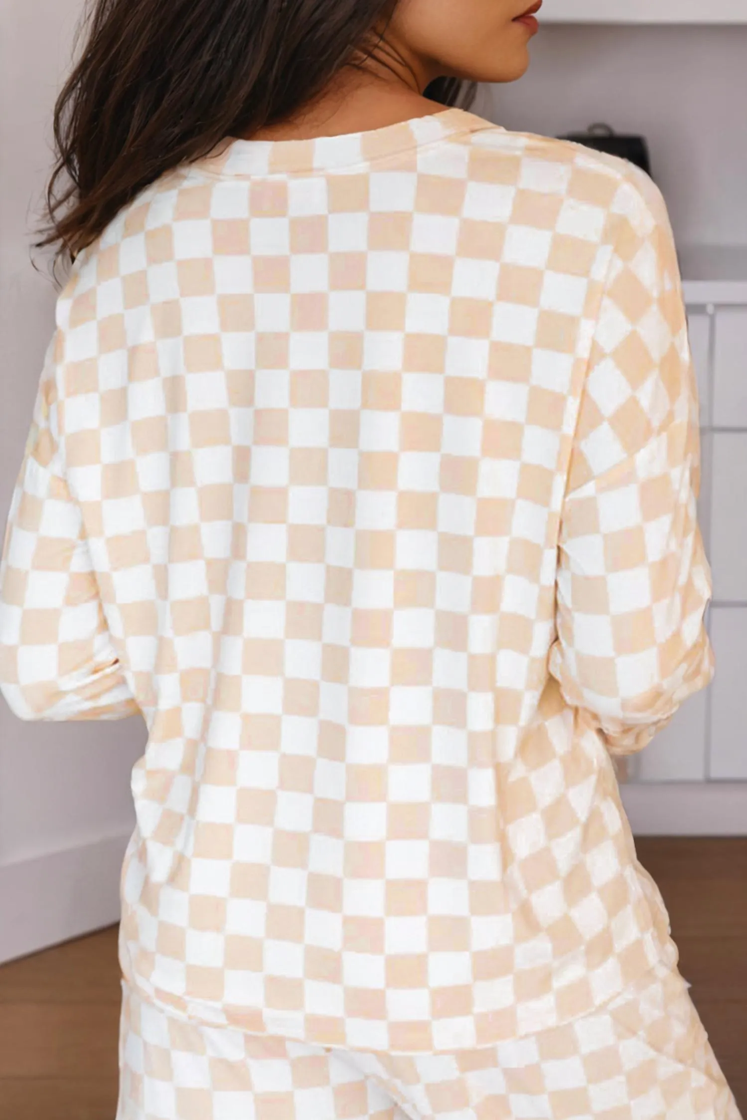 Checkered Print Long Sleeve Top And Pants Lounge Set In Beige