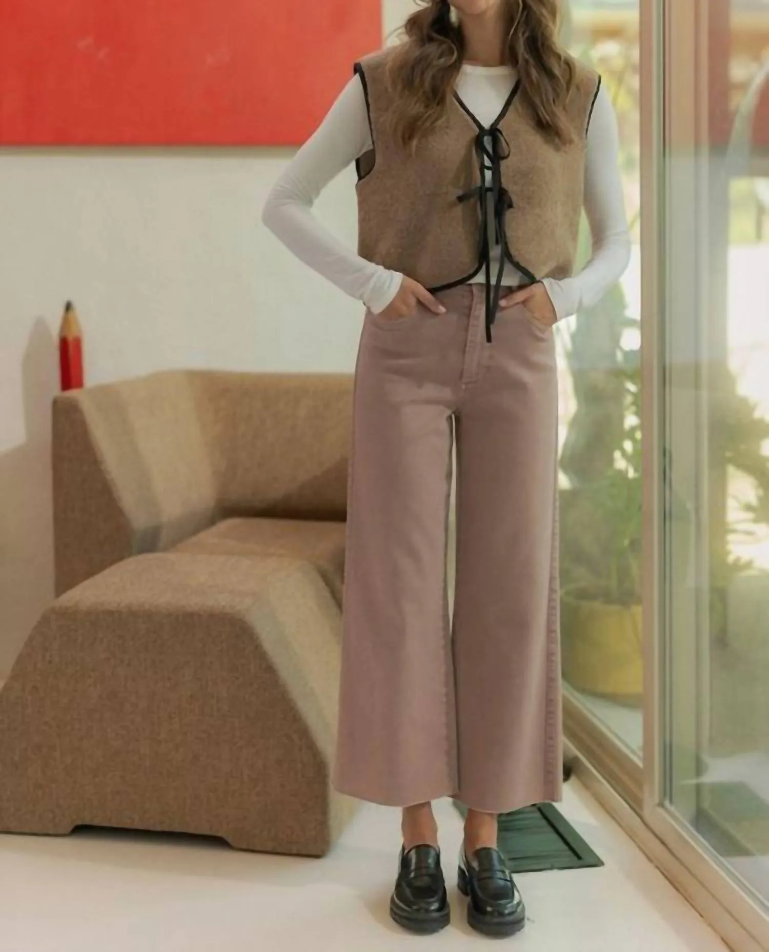 Contrast Tie Detail Fleece Fur Vest In Mocha