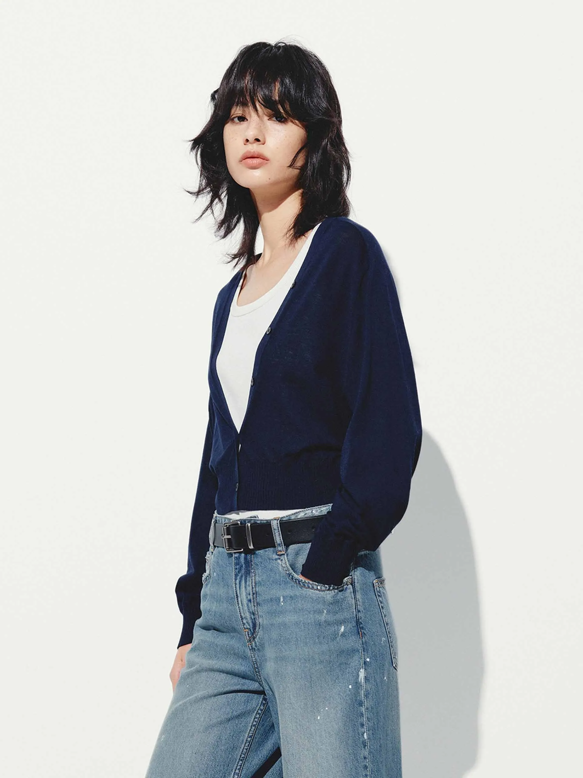 Cropped V-neck Knit Cardigan
