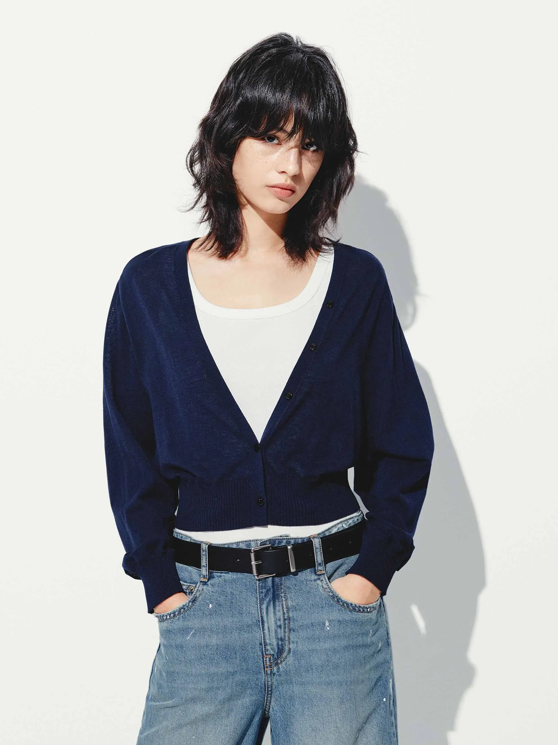 Cropped V-neck Knit Cardigan