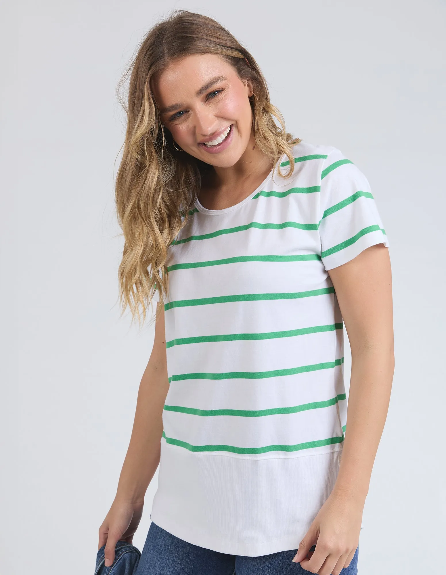 Elm Rib S/S Tee White With Greenbriar Stripe