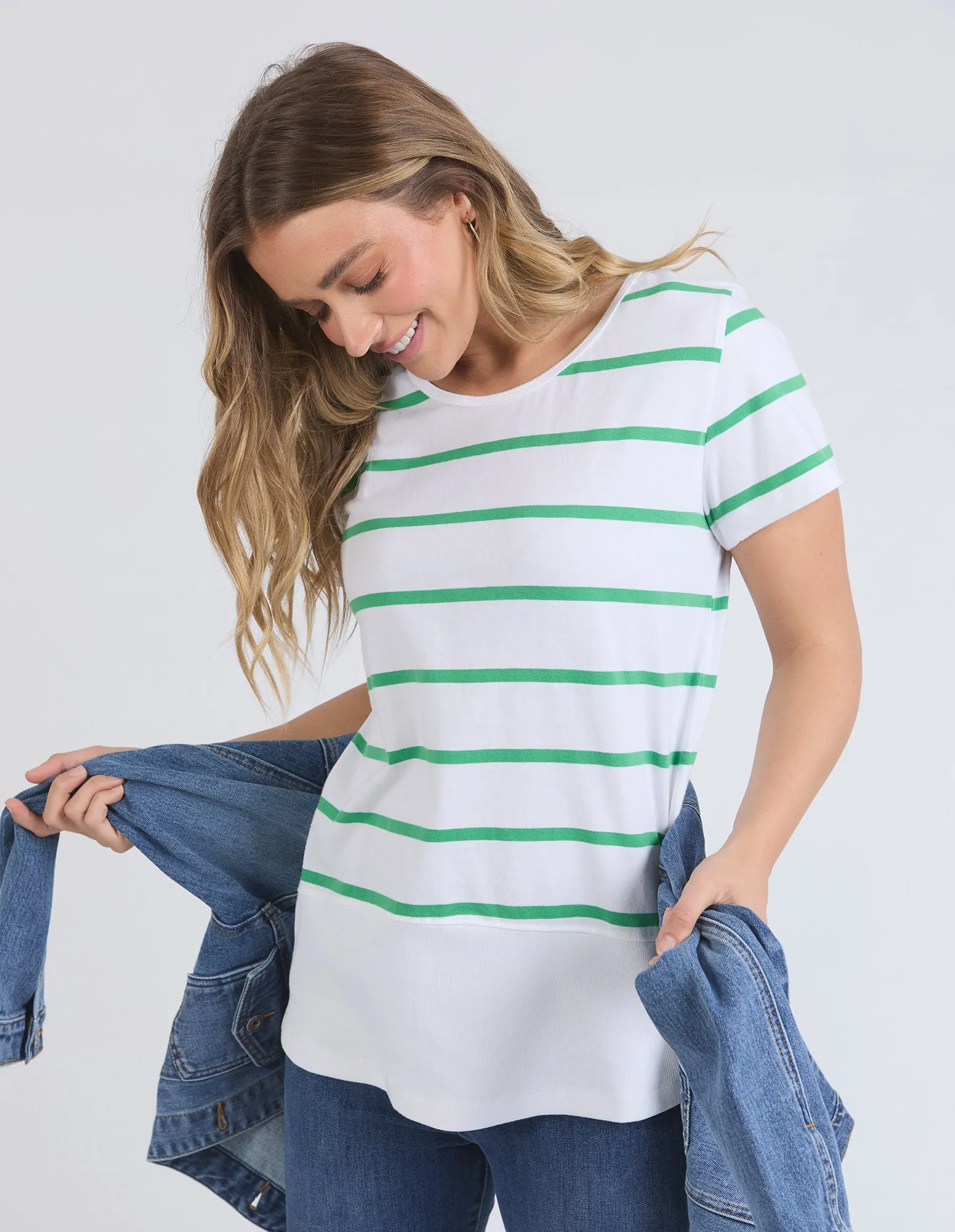 Elm Rib S/S Tee White With Greenbriar Stripe