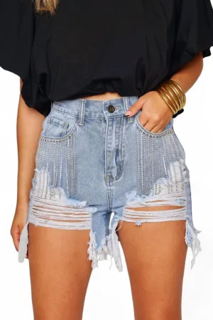 Elvis Crystal Fringe Denim Shorts In Light Wash