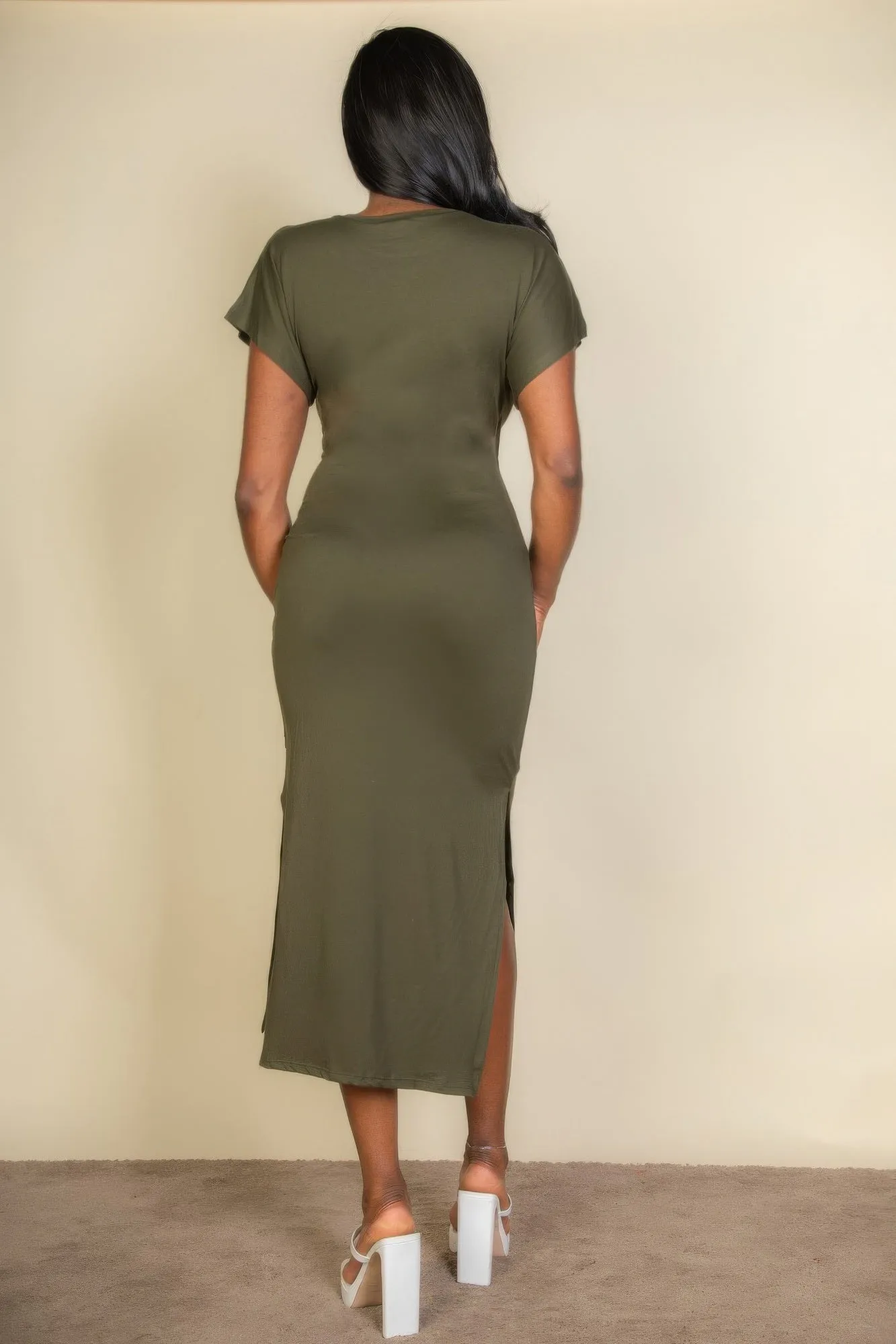 FASHNZFAB Women's Tie Front Short Sleeve Side Slit Dress