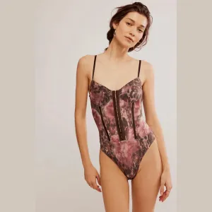 Free People Night Rhythm Women's Small Black Floral Stretch Bodysuit ERK906