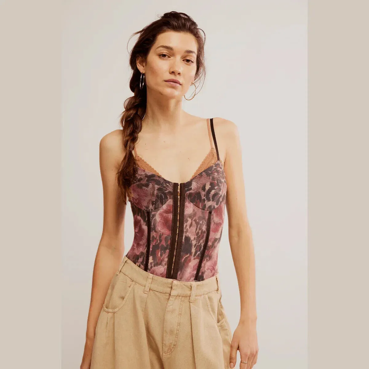 Free People Night Rhythm Women's Small Black Floral Stretch Bodysuit ERK906