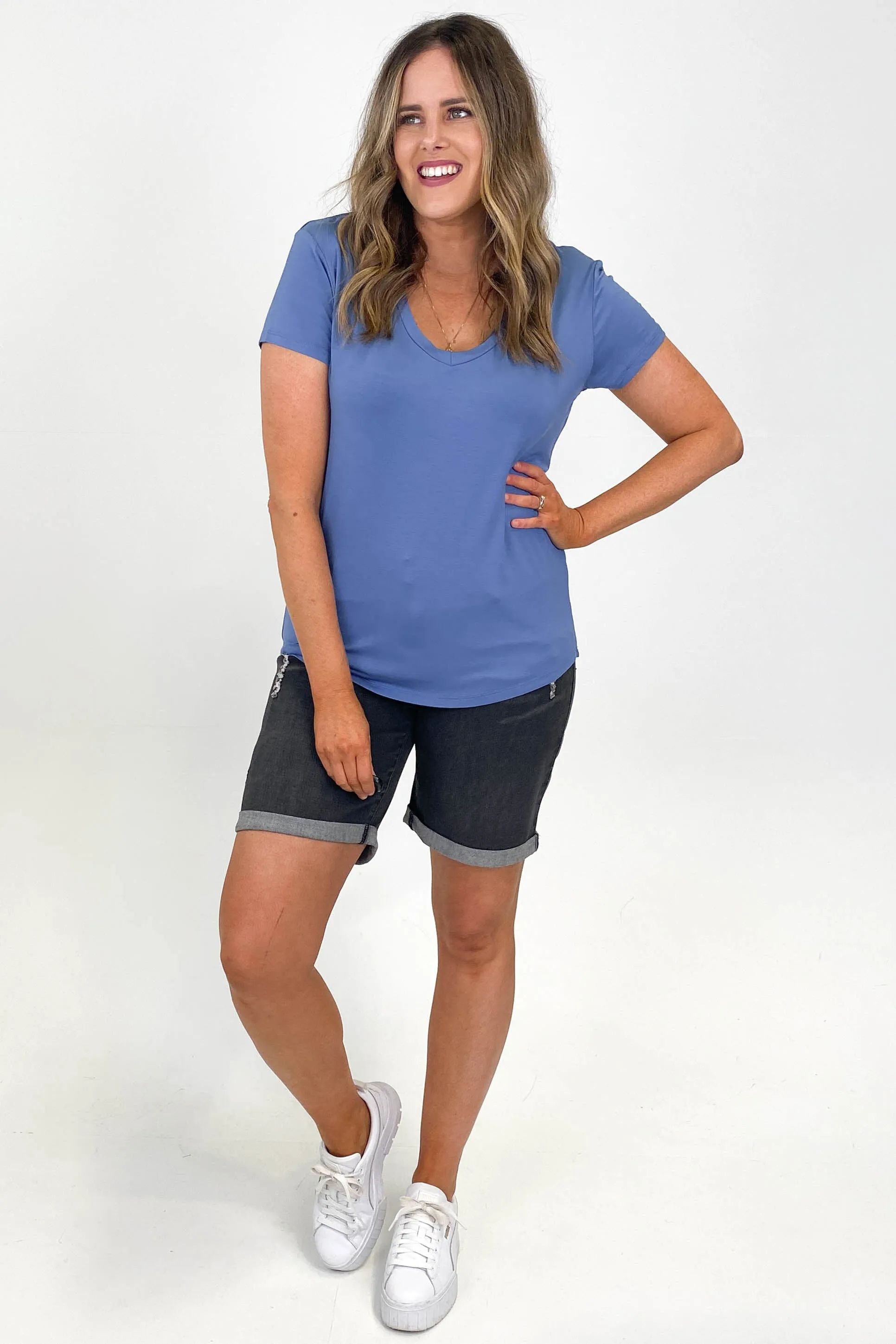 Go Girl Bamboo V Neck Tee Shirt French Blue
