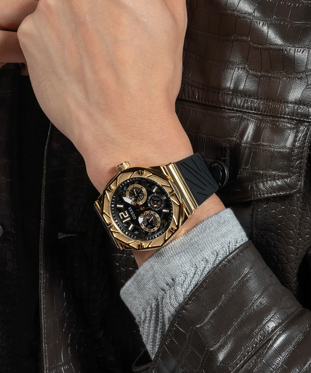 Guess Mens Gold Watches GUESS Mens Black Gold Tone Multi-function Watch