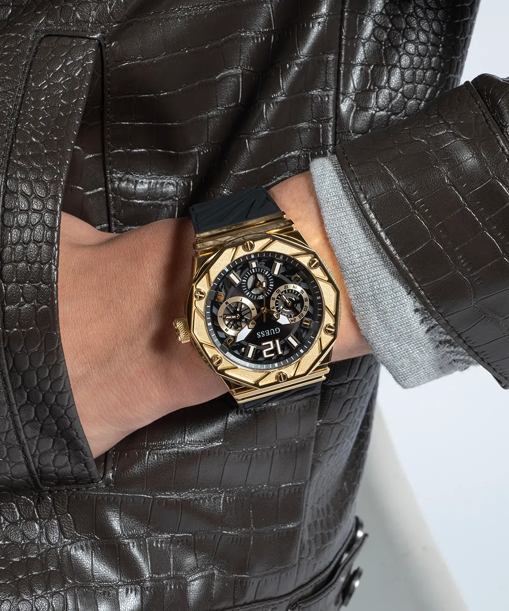 Guess Mens Gold Watches GUESS Mens Black Gold Tone Multi-function Watch