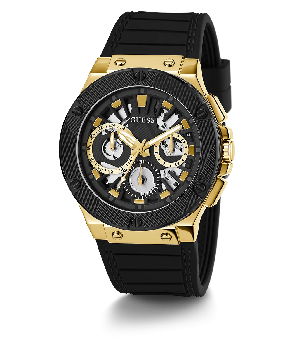Guess Mens Gold Watches GUESS Mens Black Gold Tone Multi-function Watch