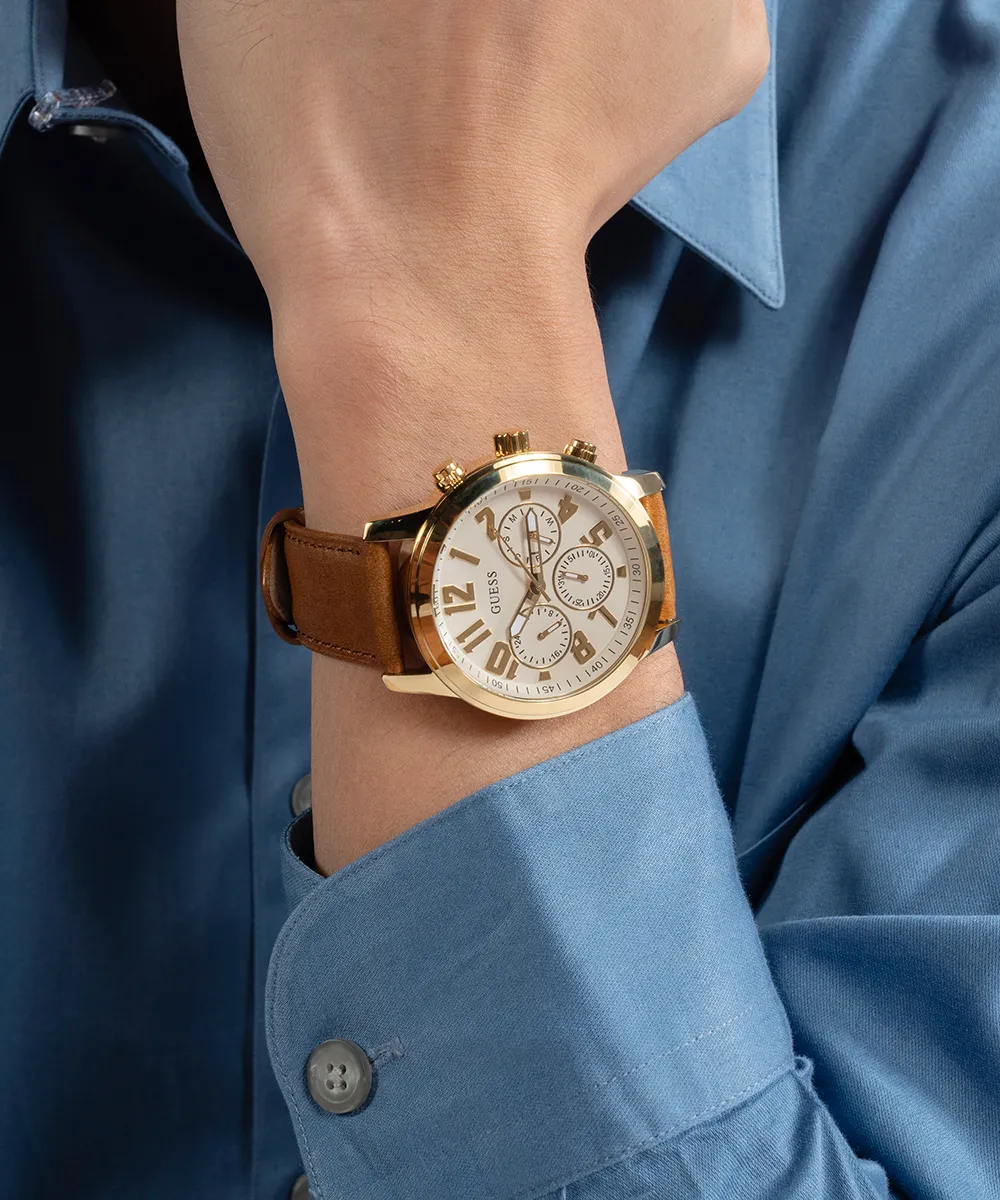 Guess Mens Gold Watches GUESS Mens Brown Gold Tone Multi-function Watch