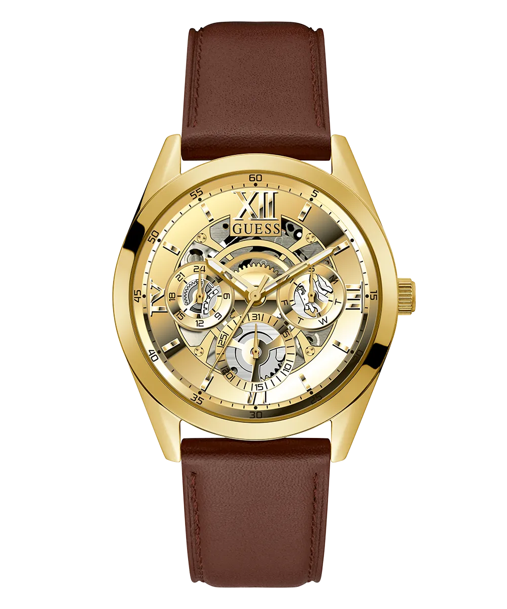 Guess Mens Gold Watches GUESS Mens Chocolate Brown Gold Tone Multi-function Watch