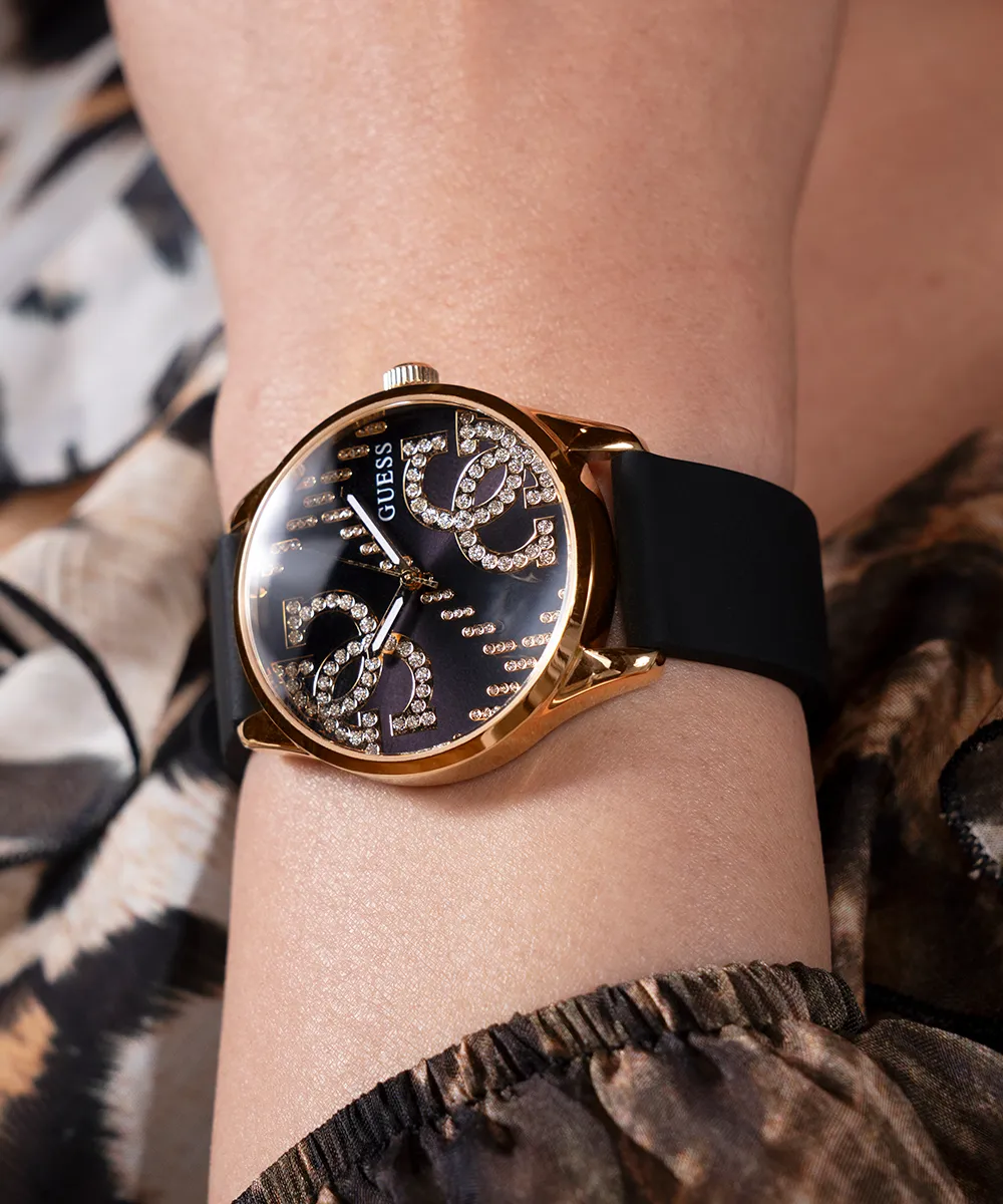 Guess Womens Silicone Watches GUESS Ladies Black Gold Tone Analog Watch