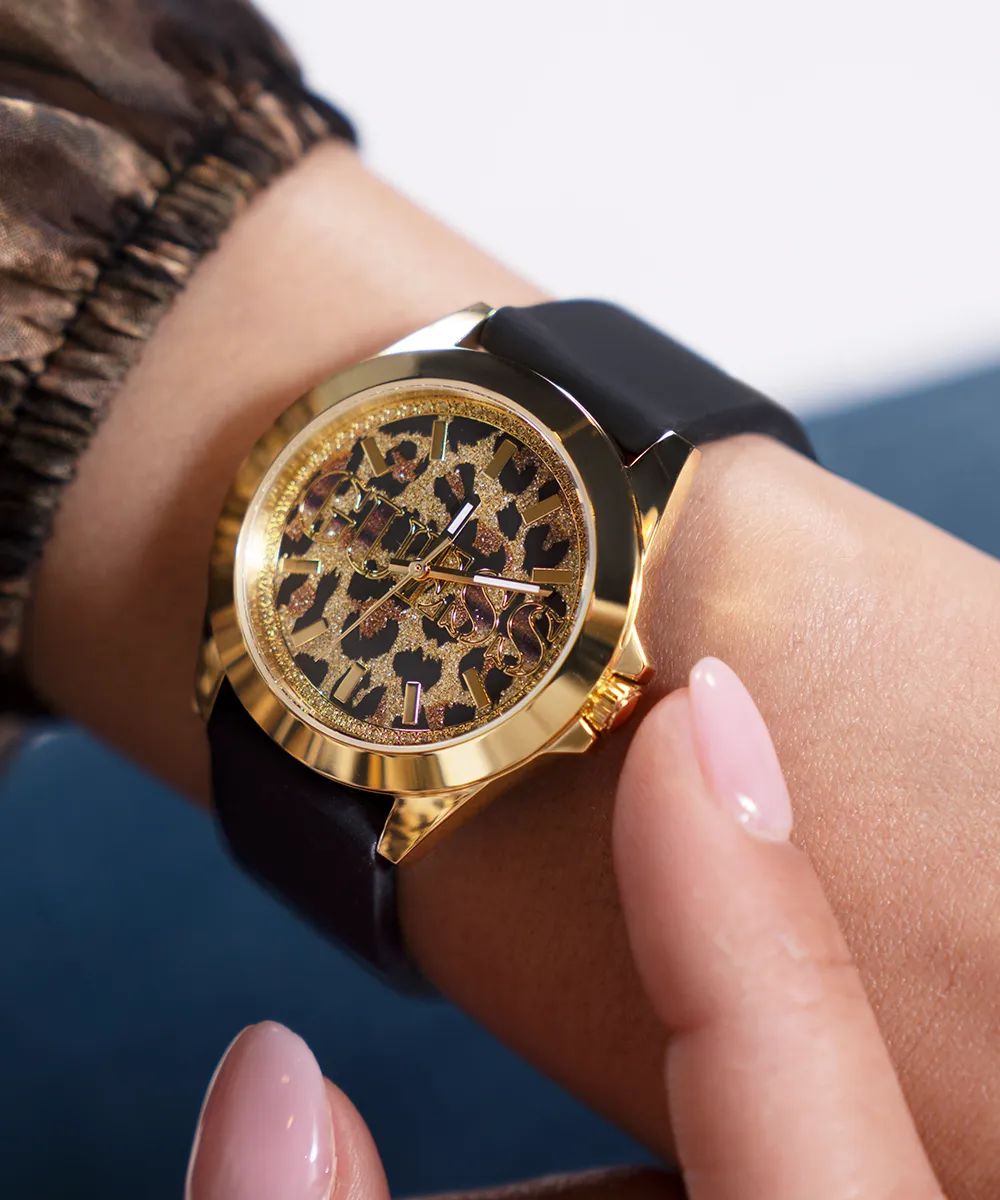 Guess Womens Silicone Watches GUESS Ladies Black Gold Tone Analog Watch