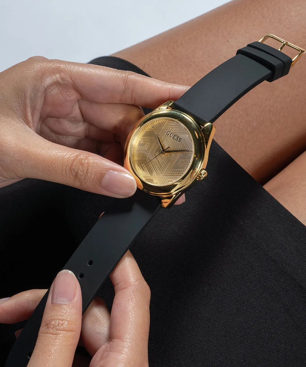 Guess Womens Silicone Watches GUESS Ladies Black Gold Tone Analog Watch