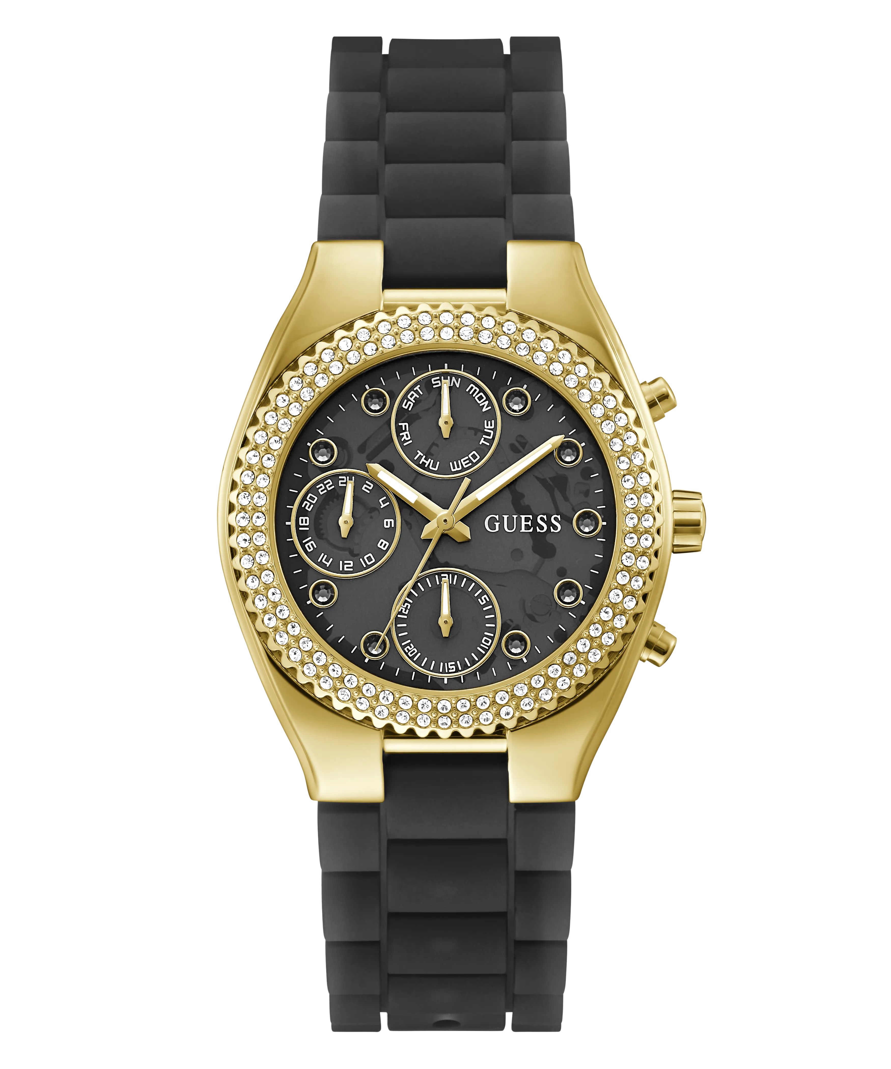 Guess Womens Silicone Watches GUESS Ladies Black Gold Tone Multi-function Watch