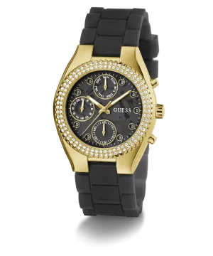 Guess Womens Silicone Watches GUESS Ladies Black Gold Tone Multi-function Watch