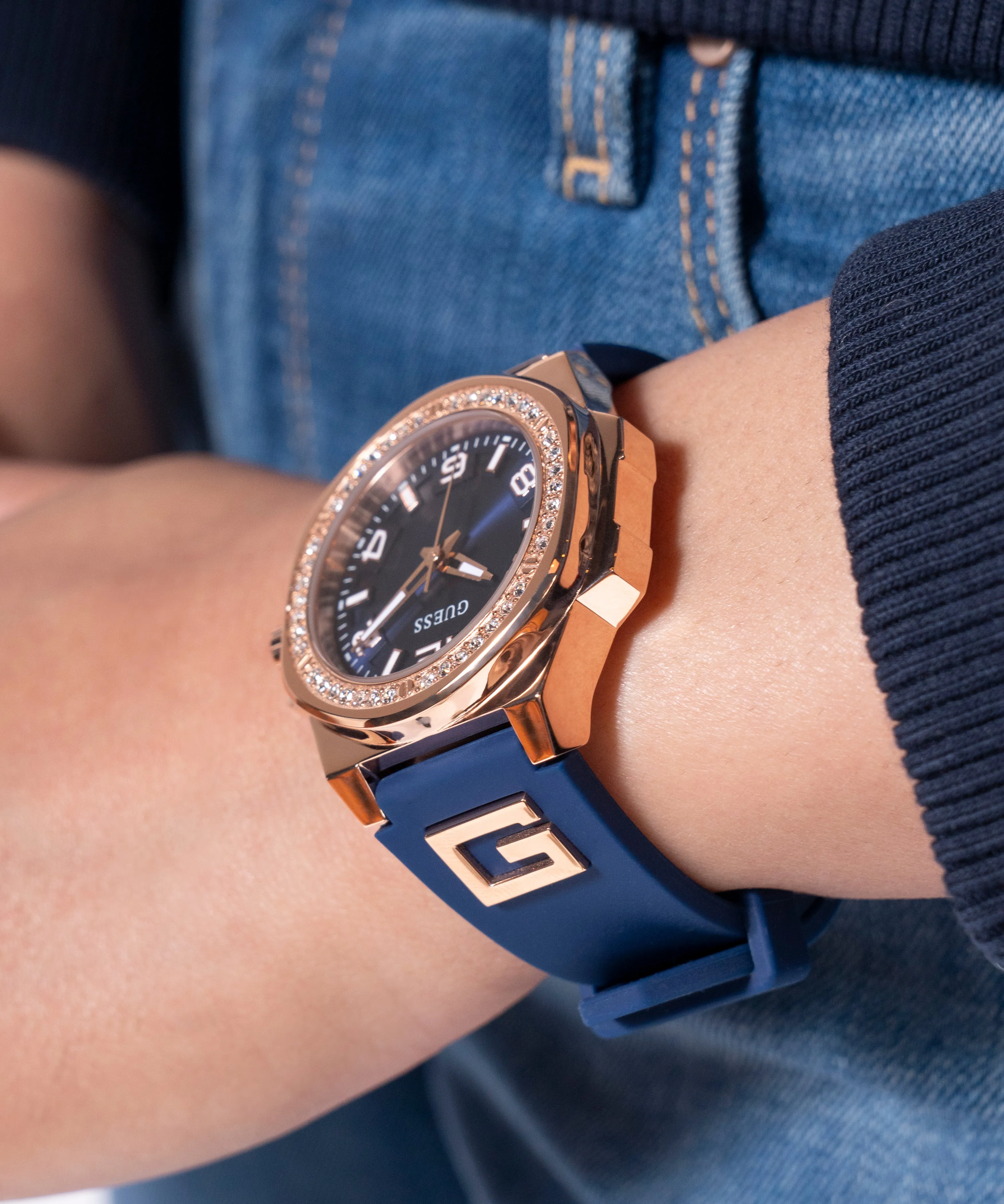 Guess Womens Silicone Watches GUESS Ladies Blue Rose Gold Tone Analog Watch