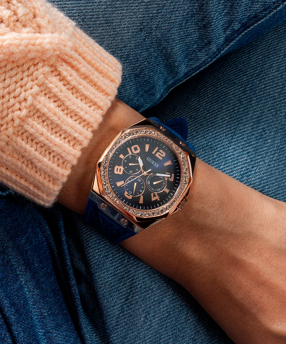 Guess Womens Silicone Watches GUESS Ladies Blue Rose Gold Tone Multi-function Watch