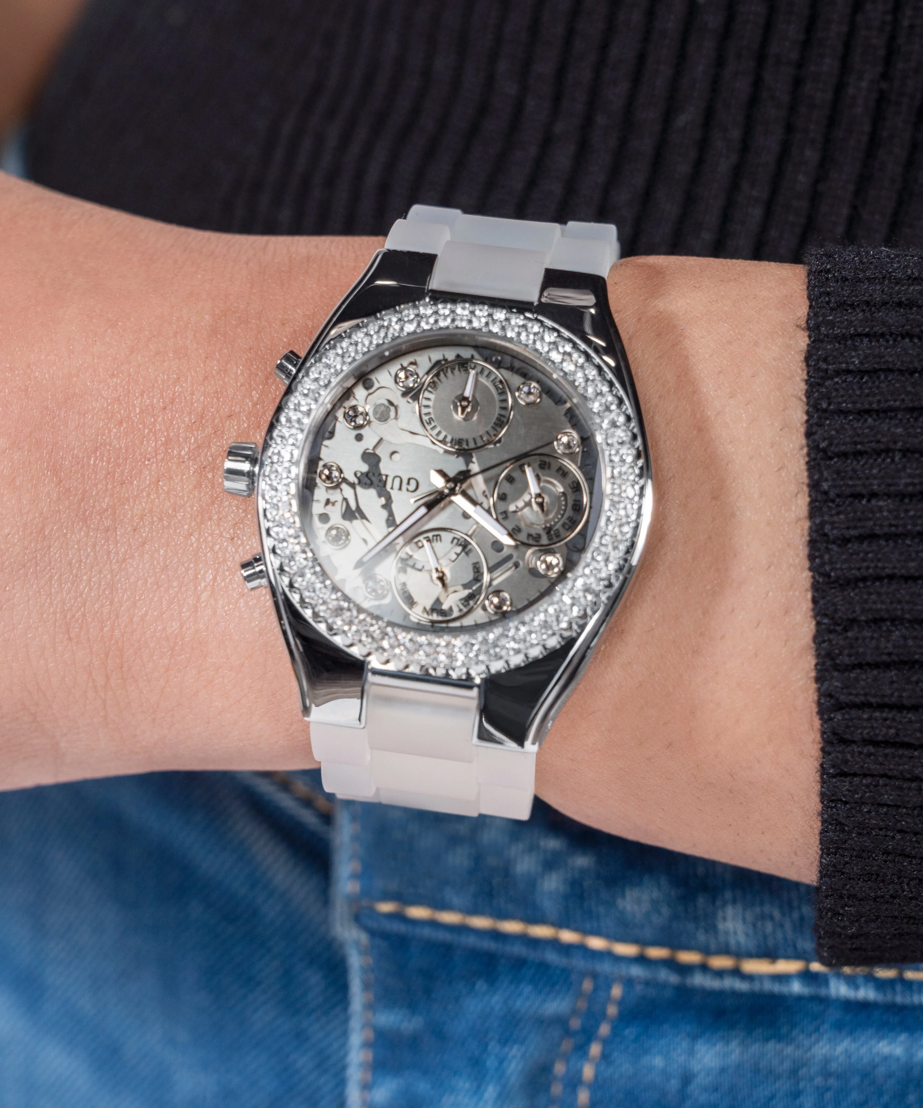 Guess Womens Silicone Watches GUESS Ladies Clear Silver Tone Multi-function Watch