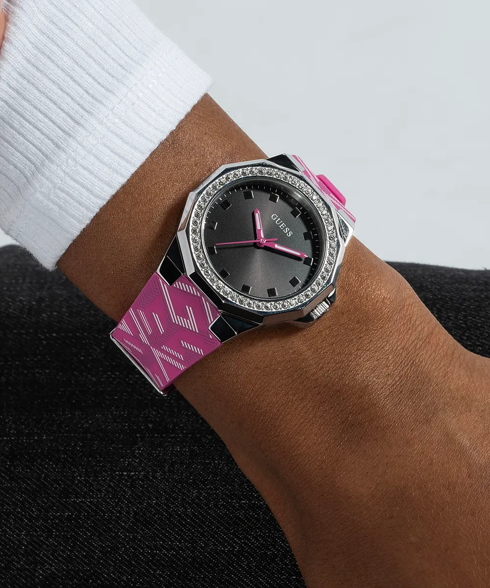 Guess Womens Silicone Watches GUESS Ladies Pink Silver Tone Analog Watch