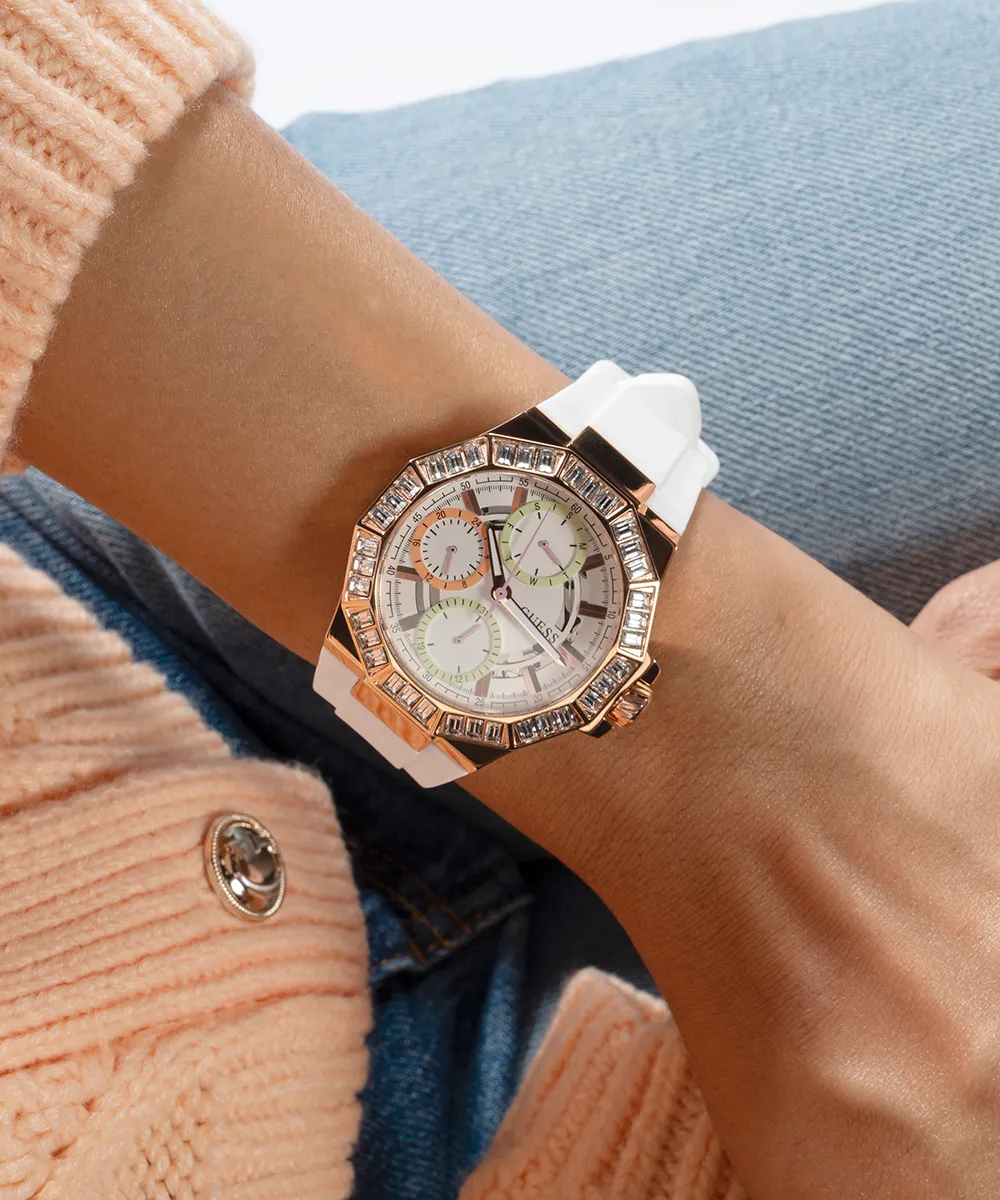 Guess Womens Silicone Watches GUESS Ladies White Rose Gold Tone Multi-function Watch