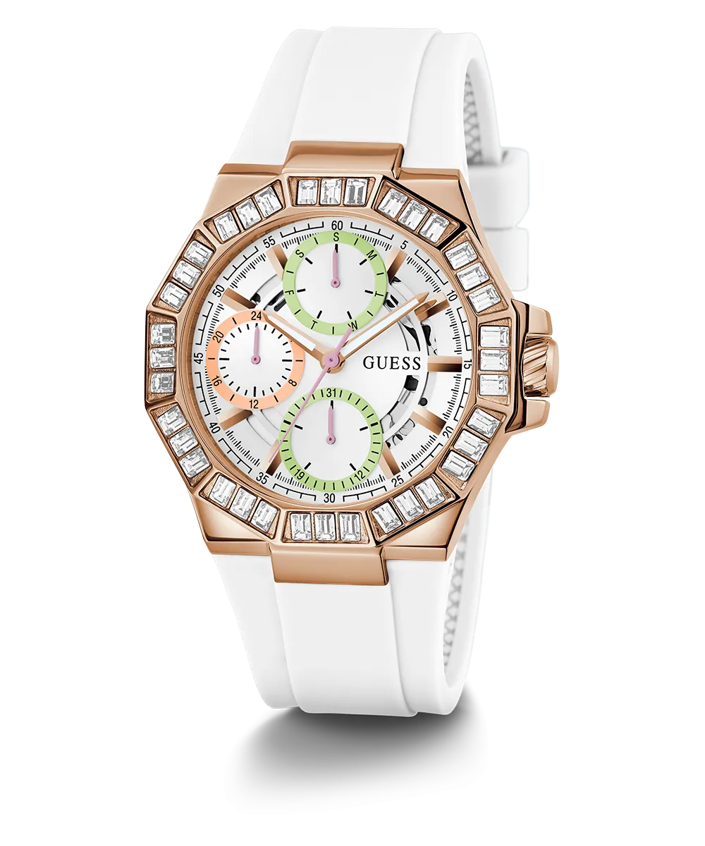 Guess Womens Silicone Watches GUESS Ladies White Rose Gold Tone Multi-function Watch