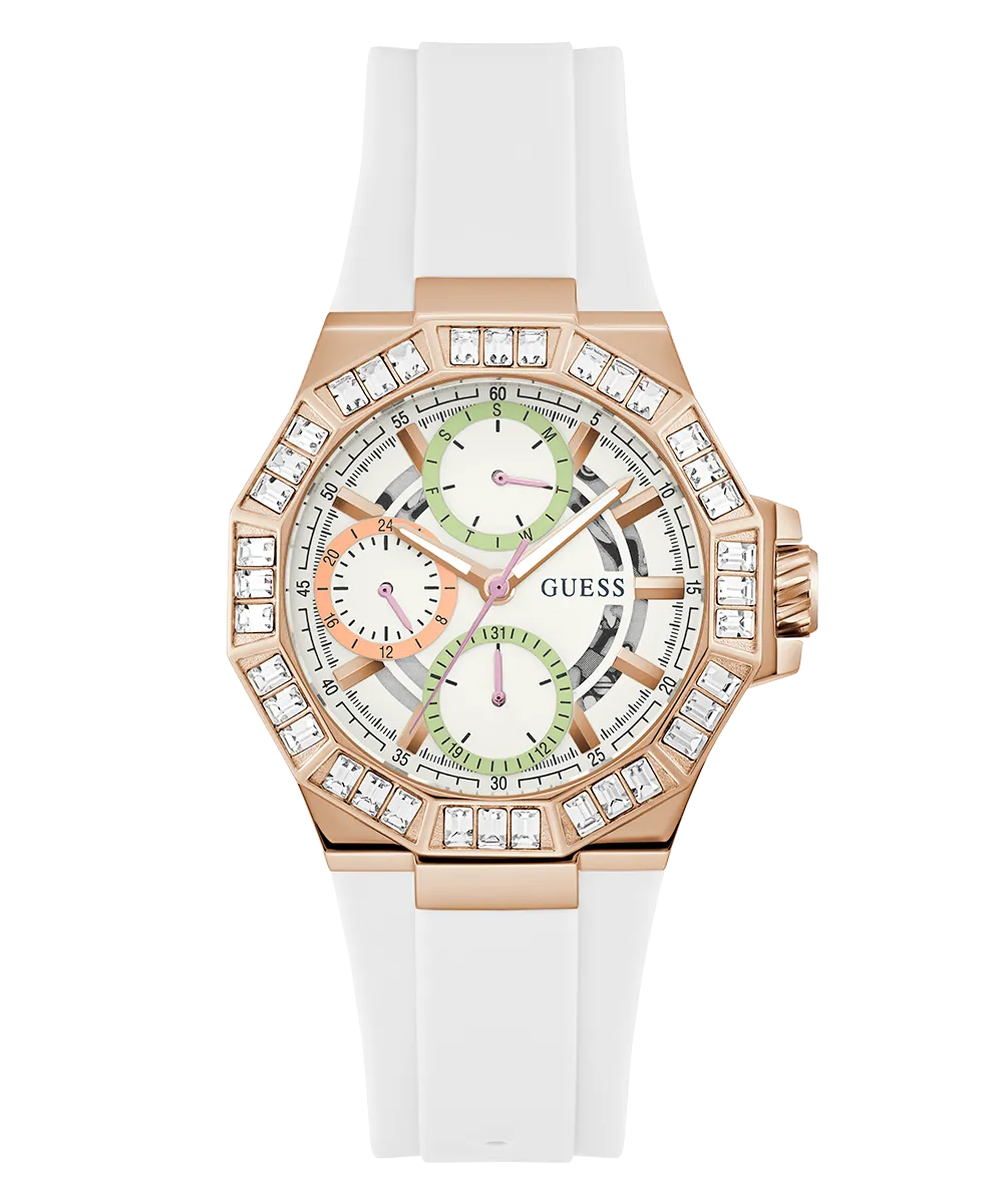 Guess Womens Silicone Watches GUESS Ladies White Rose Gold Tone Multi-function Watch