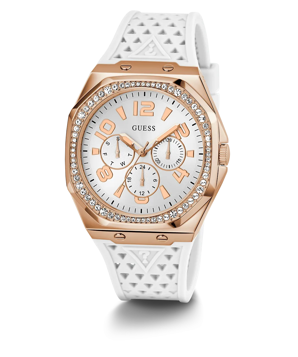 Guess Womens Silicone Watches GUESS Ladies White Rose Gold Tone Multi-function Watch