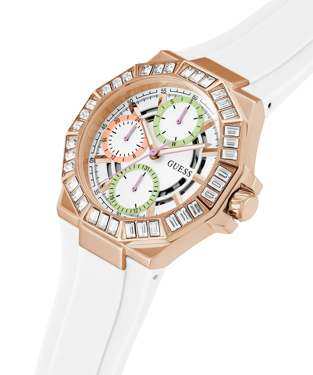 Guess Womens Silicone Watches GUESS Ladies White Rose Gold Tone Multi-function Watch