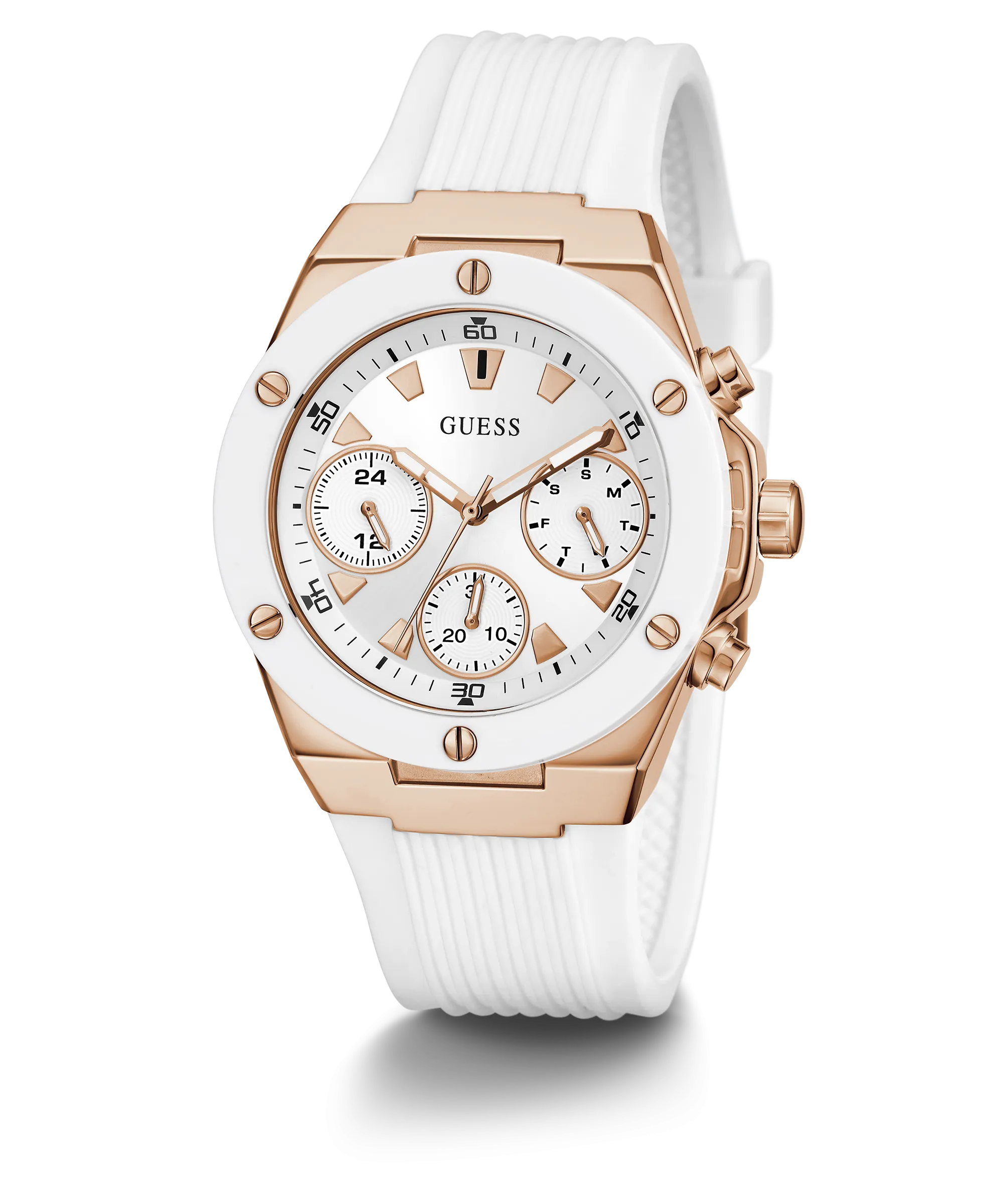 Guess Womens Silicone Watches GUESS Ladies White Rose Gold Tone Multi-function Watch