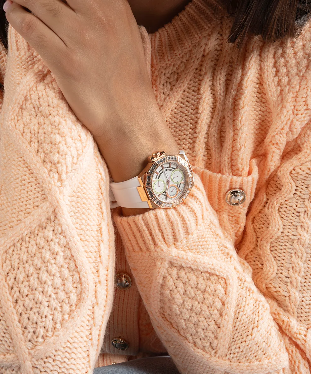 Guess Womens Silicone Watches GUESS Ladies White Rose Gold Tone Multi-function Watch