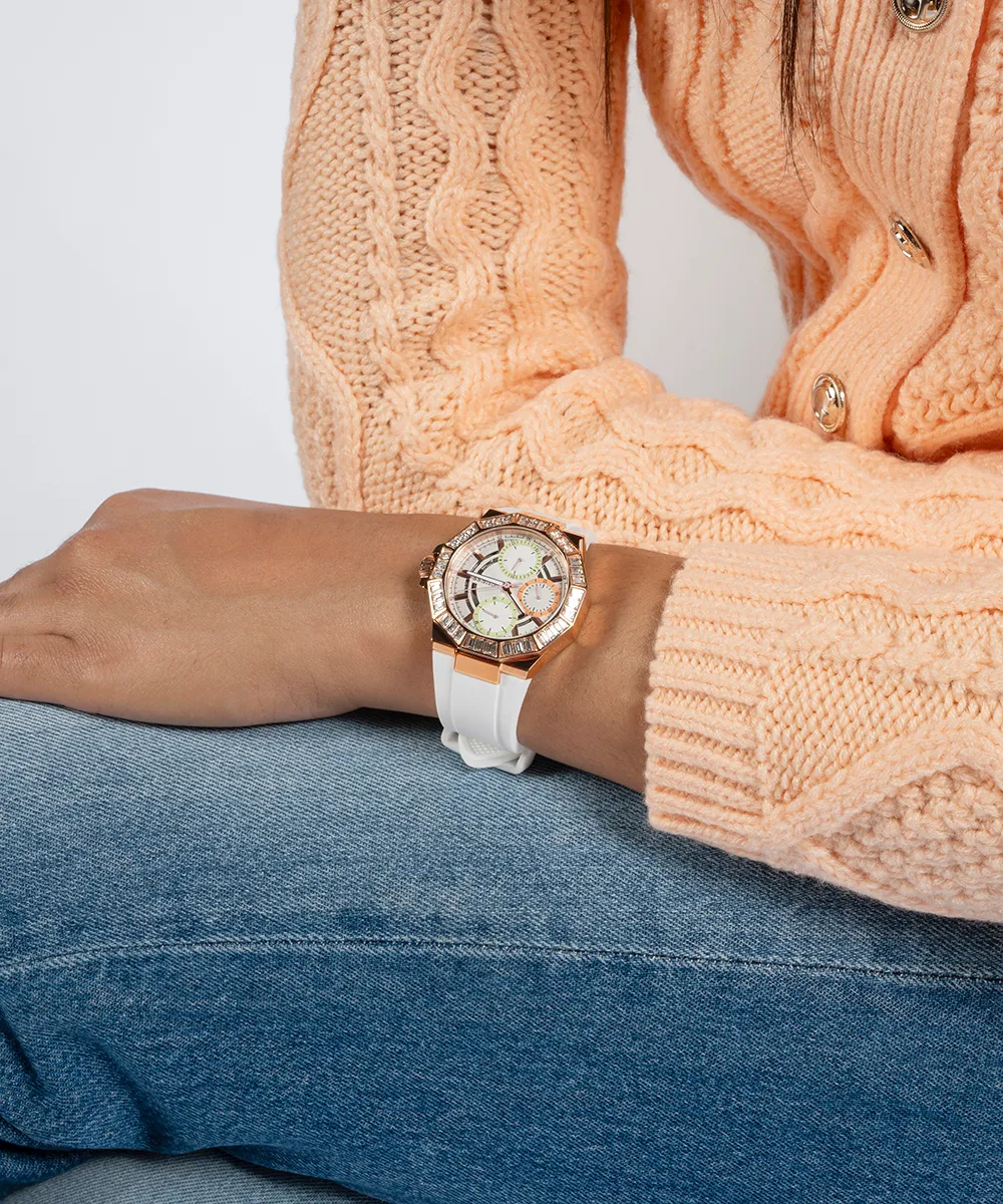 Guess Womens Silicone Watches GUESS Ladies White Rose Gold Tone Multi-function Watch