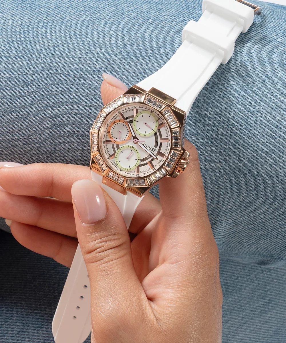 Guess Womens Silicone Watches GUESS Ladies White Rose Gold Tone Multi-function Watch