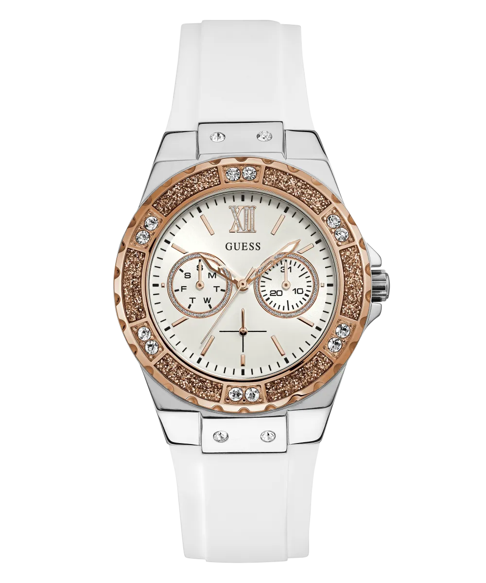 Guess Womens Silicone Watches GUESS Ladies White Silver Tone Multi-function Watch