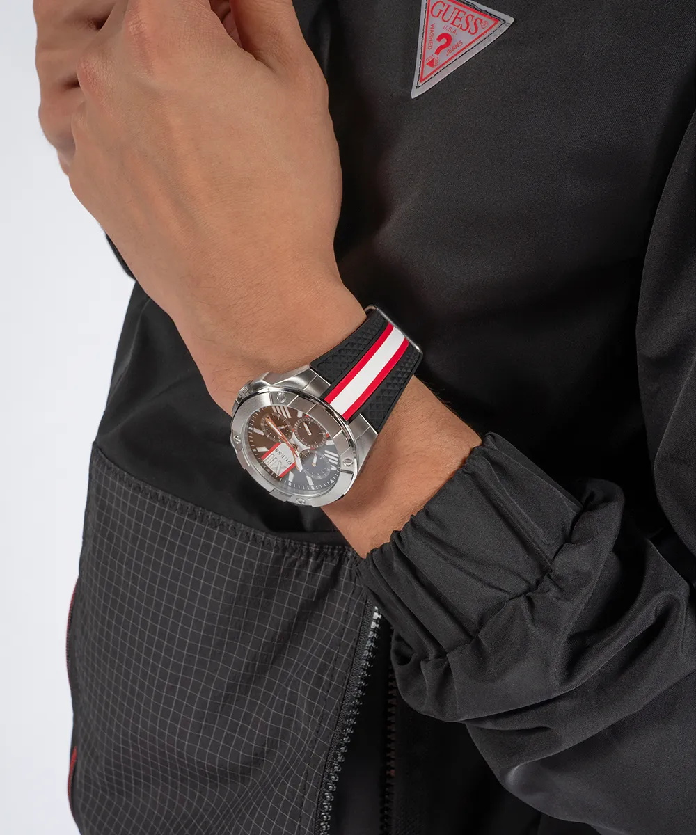 Guess Womens/Mens Silver Watches GUESS Mens Black Silver Tone Multi-function Watch