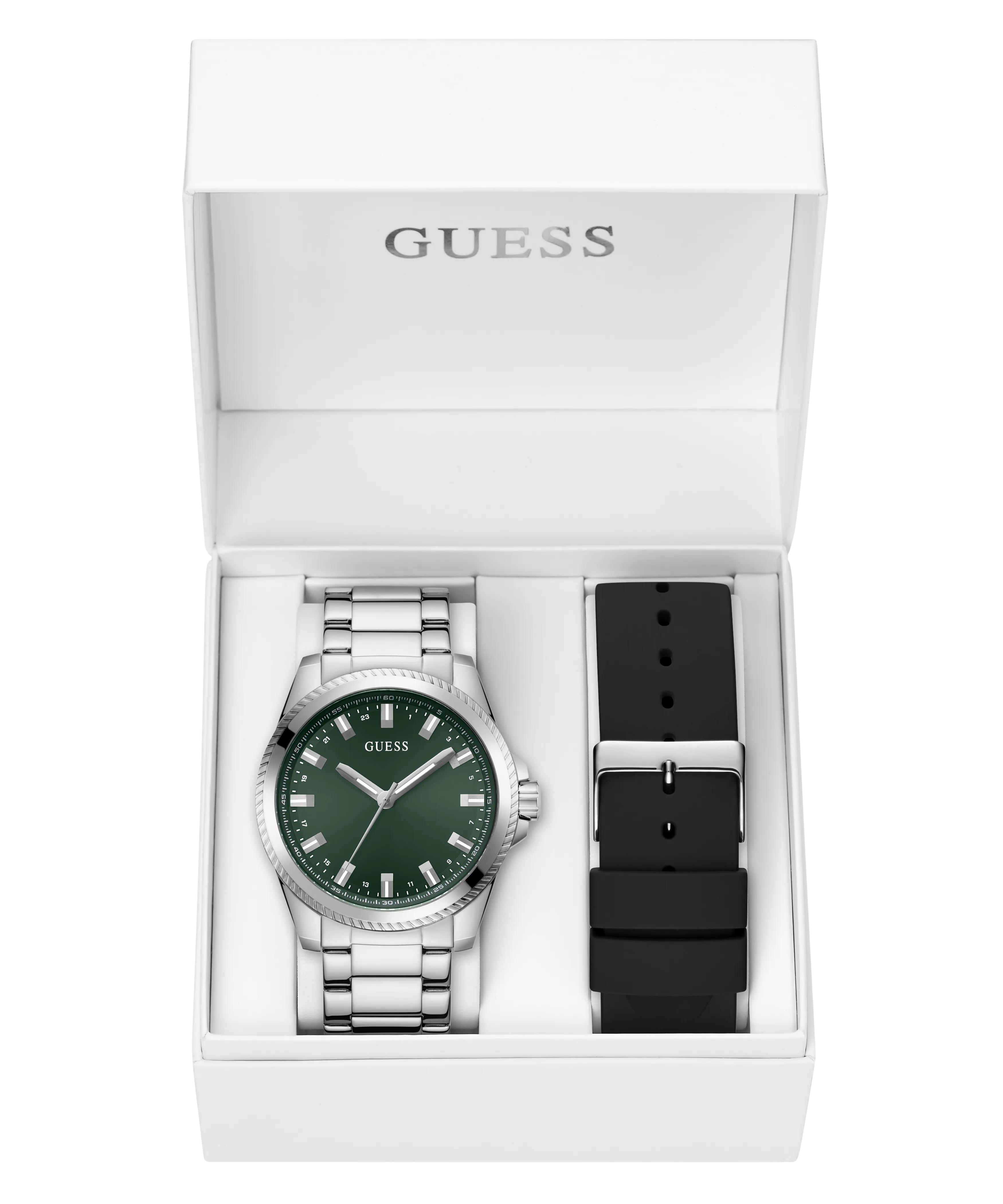 Guess Womens/Mens Silver Watches GUESS Mens Silver Tone Analog Watch Box Set
