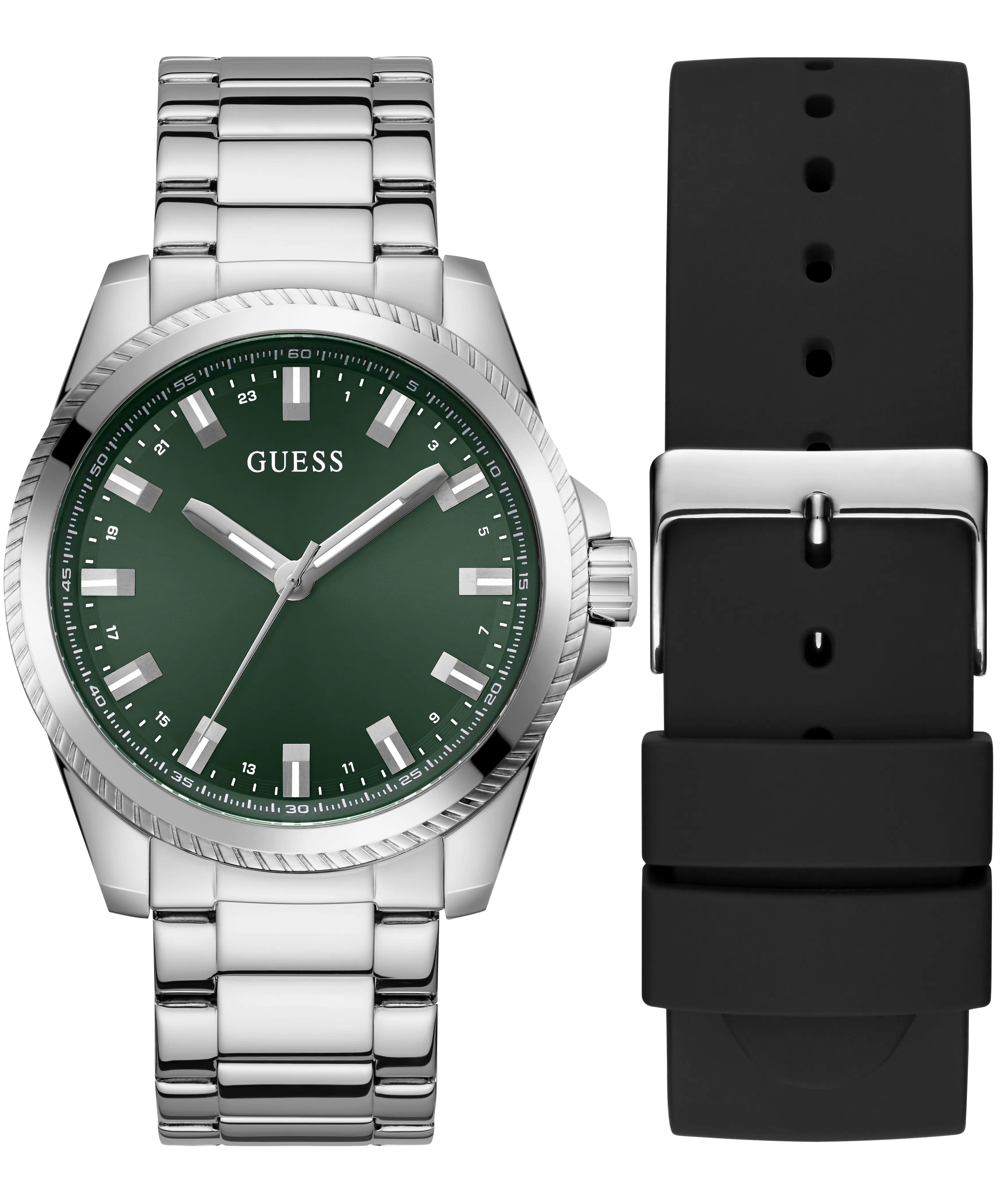 Guess Womens/Mens Silver Watches GUESS Mens Silver Tone Analog Watch Box Set