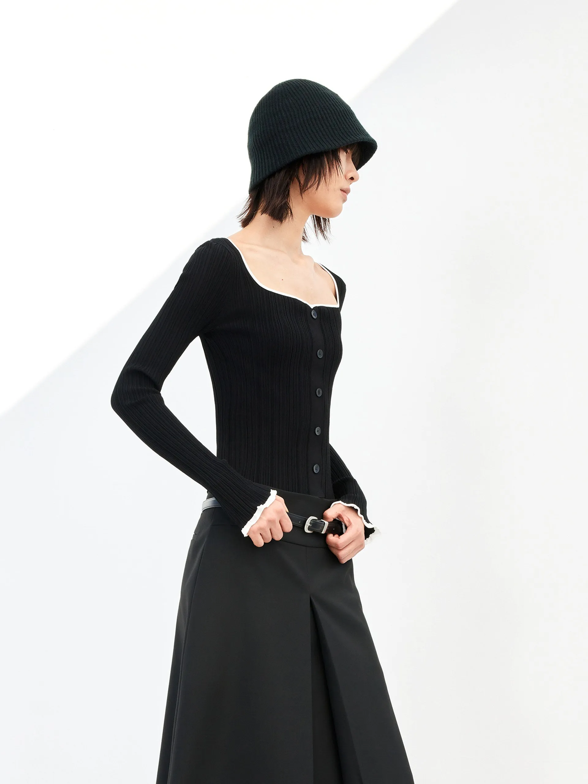 Heart Neckline Ribbed Knit Top