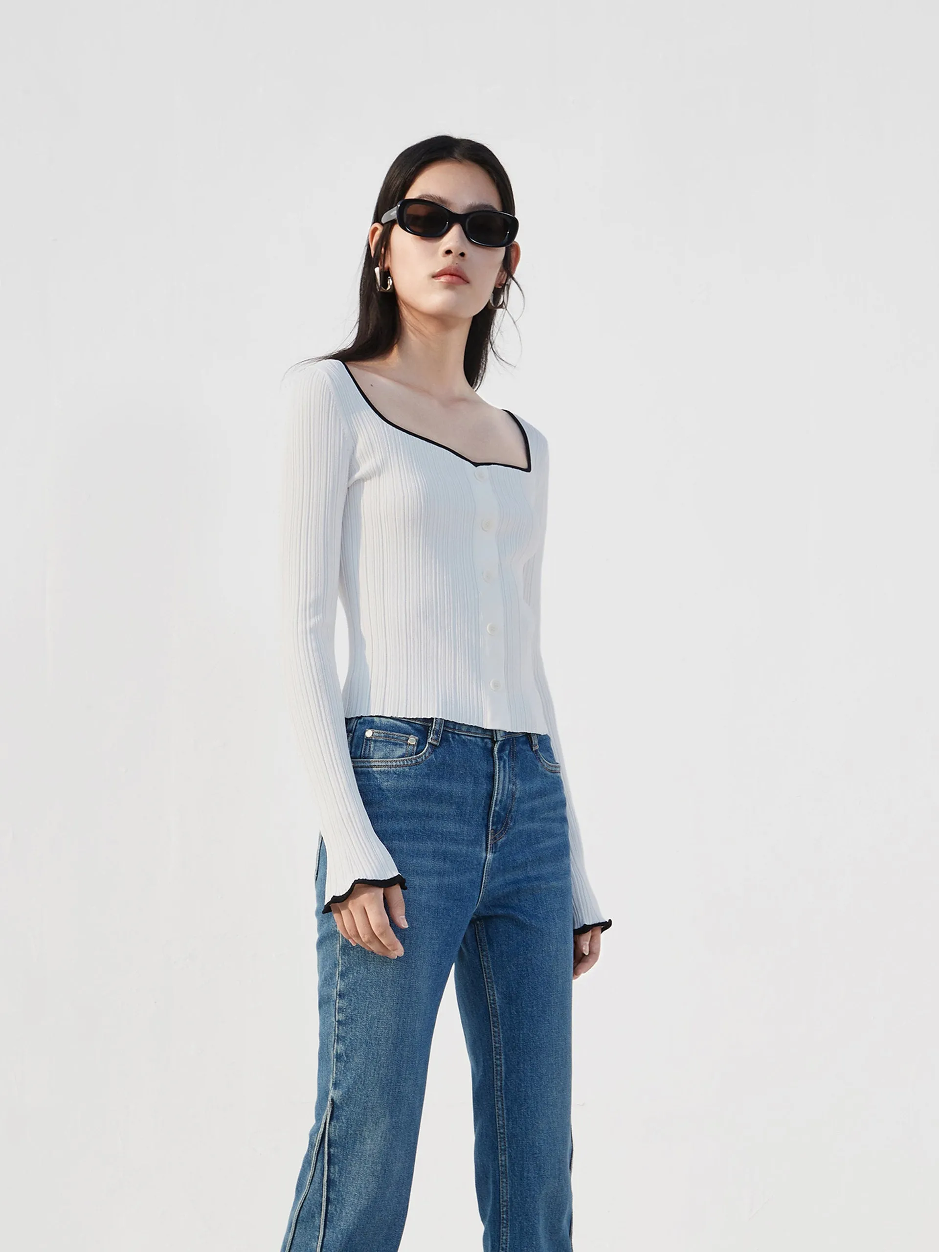 Heart Neckline Ribbed Knit Top