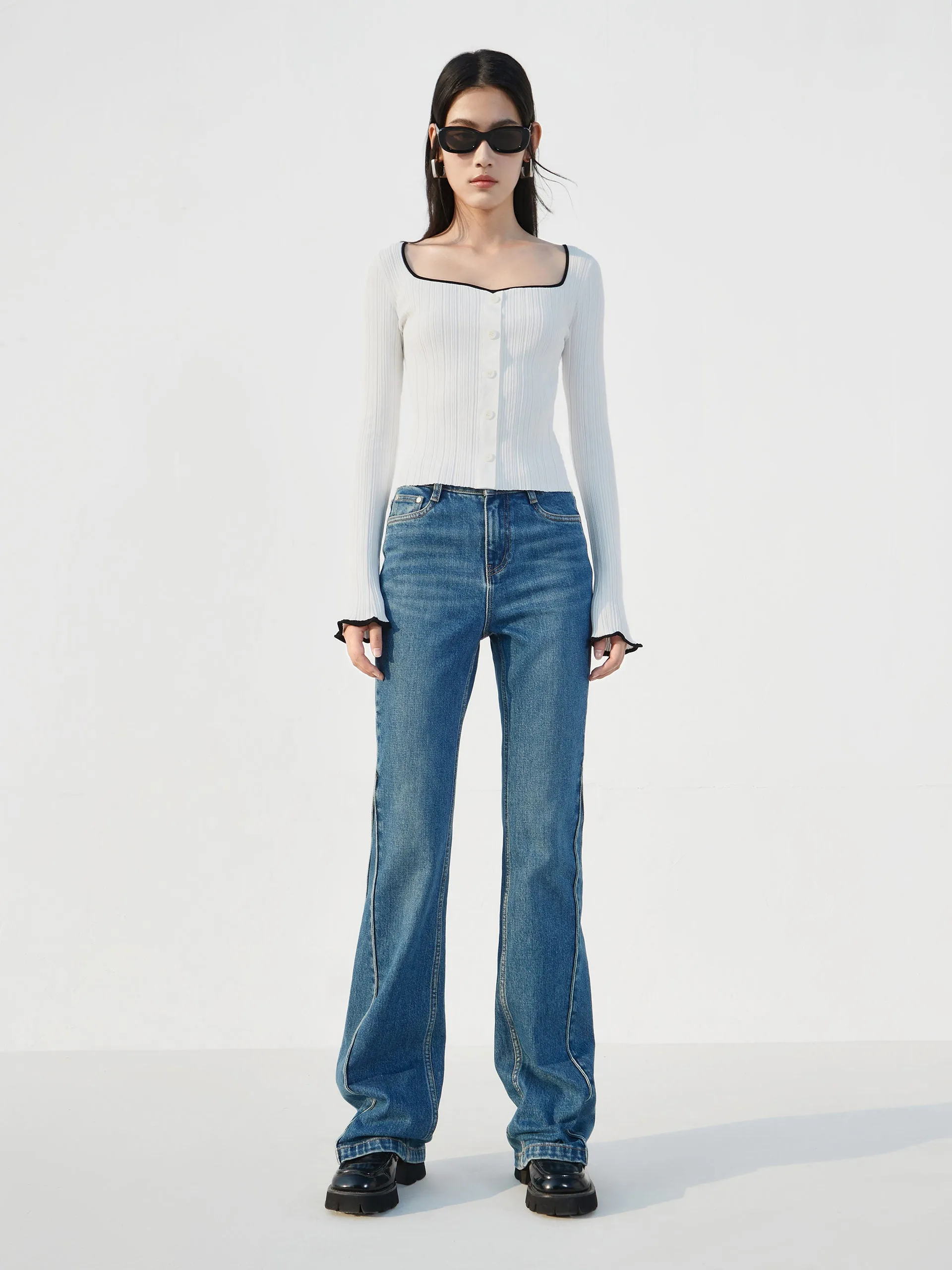 Heart Neckline Ribbed Knit Top