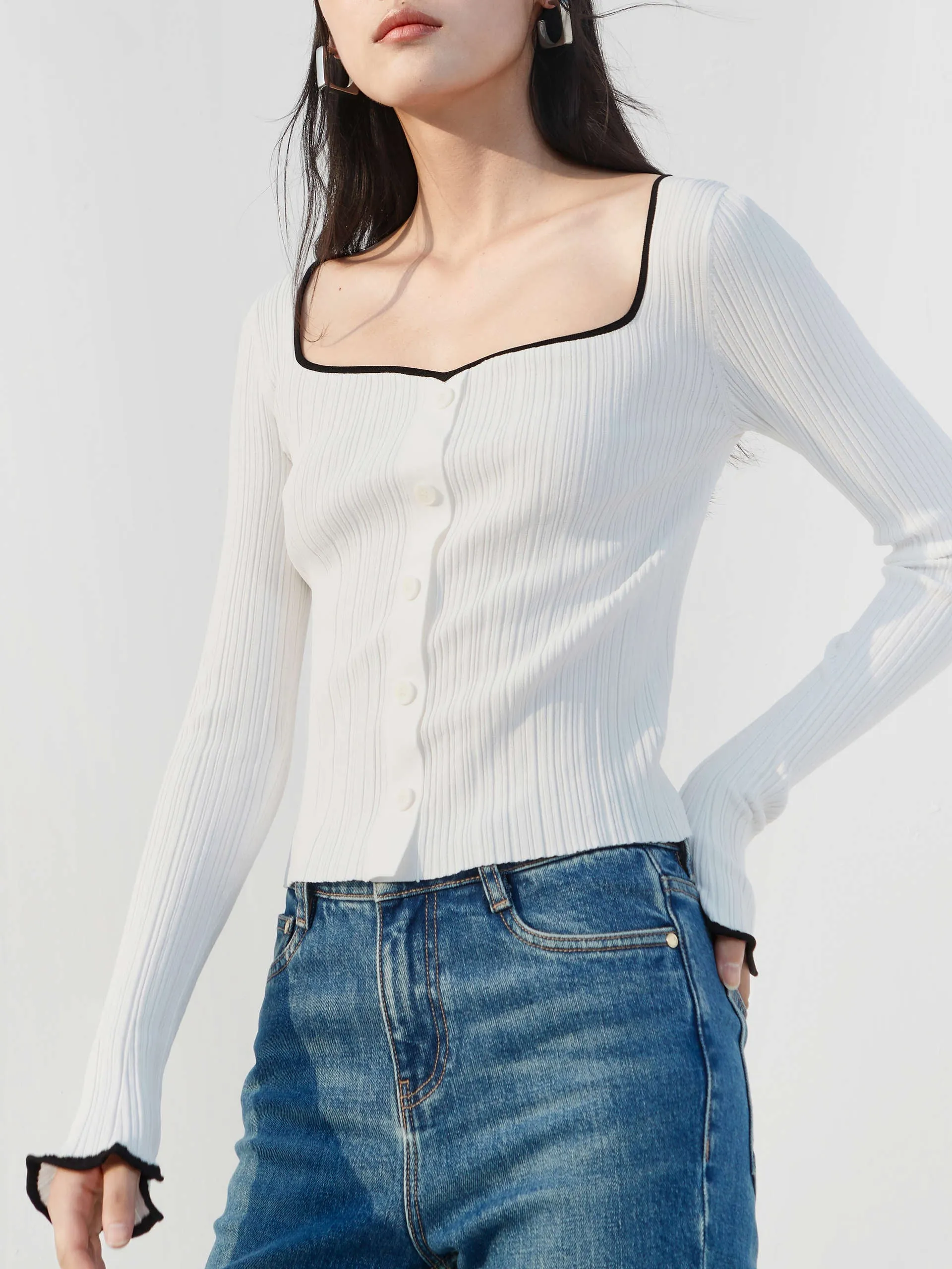 Heart Neckline Ribbed Knit Top
